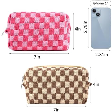 ZLFSRQ 3Pcs Checkered Makeup Bag for Women Large Cosmetic Bag Set Travel Toiletry Bag Makeup Pouch Bag for Purse Pink Zipper Storage Bag Organizer Cute Small Aesthetic Girls Car Essentials Bag