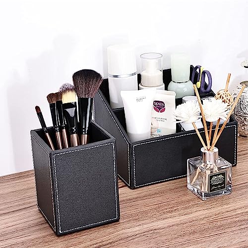 X spring PU Leather Square Pen Holder, Pencil Cups Desk Accessories Organizer, Office Stationery Supplies Organizer, Pens Organizer for Desk, Pencils Holder Cup for Office Supplies Organized (Black)