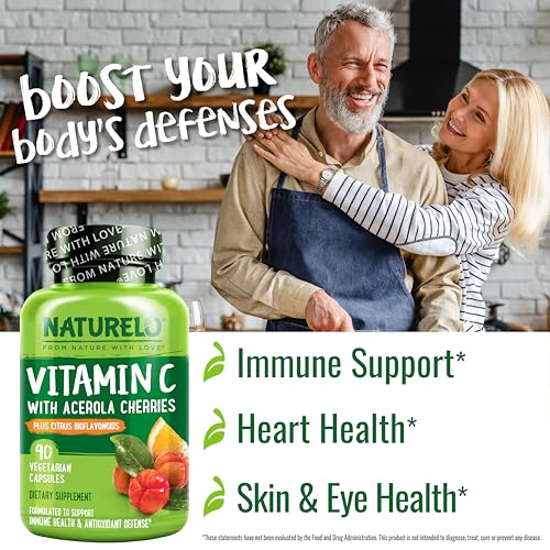NATURELO Vitamin C with Organic Acerola Cherry Extract and Citrus Bioflavonoids - Vegan Supplement - Immune Support - 500 mg VIT C per Cap - Non-GMO - 90 Capsules
