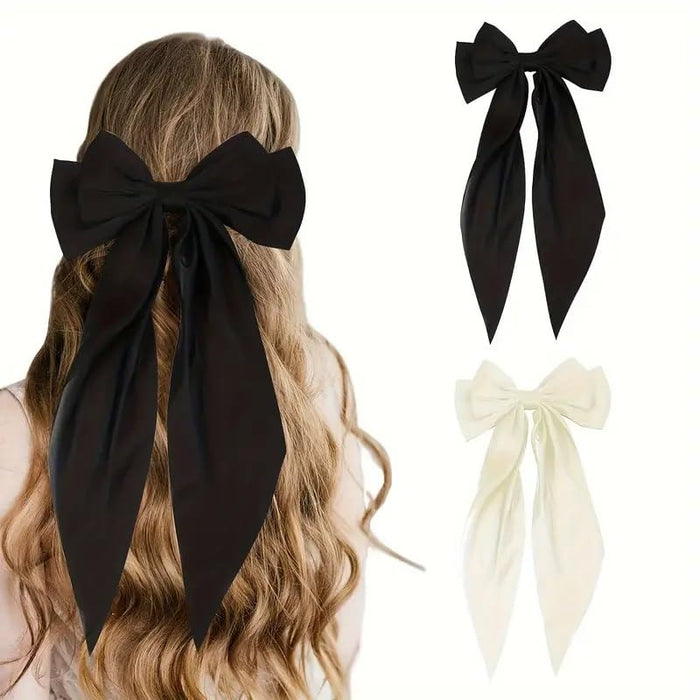 Elegant Silky Satin Hair Bow Clips.Set of 2,Oversized Fabric Bow Tie Barrettes,Black & Cream.Simple Classic Long Tassel Exquisite Hair Clips.Vintage Ribbon Bows.