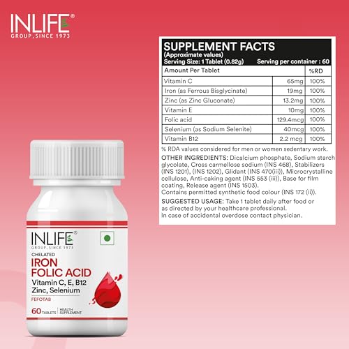 INLIFE Chelated Iron Folic Acid Supplement with Vitamin C, E, B12, Zinc & Selenium for Men Women - 60 Tablets (Pack of 1)