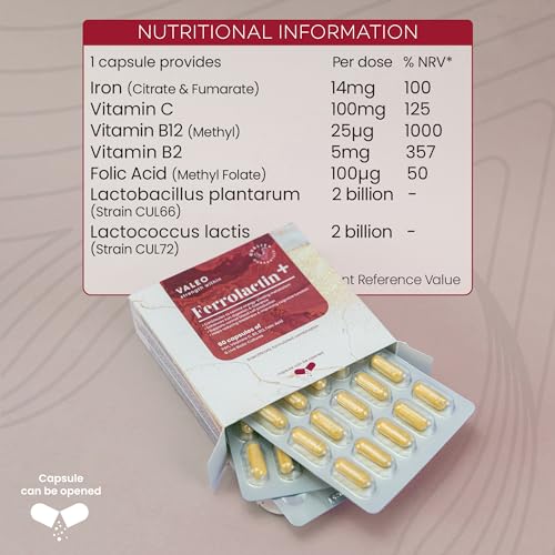 Valeo Ferrolactin+ | Iron with Vitamin C, B2, B12, Folic Acid and Live Cultures - 60 capsules