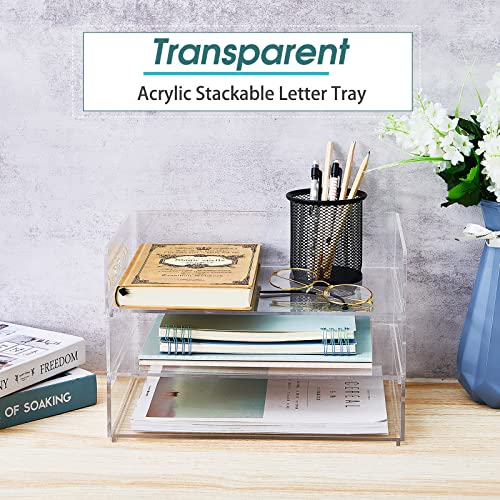 Yulejo Acrylic Desk Organizers and Accessories Tier Paper File Organizer Tray Stackable Document Clear Desk Accessories for Office Workspace Organization (315 x 222 x 68 mm/ 12.4 x 8.74 x 2.68 Inch)