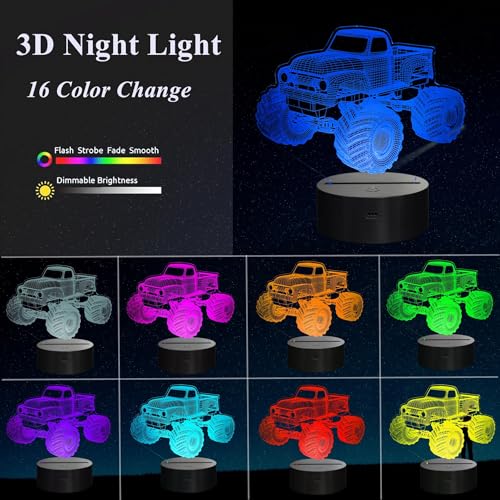 NALACAL Monster Truck 3D Illusion Night Light - Remote-Controlled 16 Color LED Lamp with Timer & Dimmer - Ideal Gift for Kids and Truck Enthusiasts for Christmas and Birthdays
