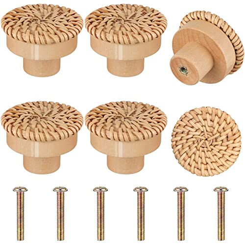 Wooden Drawer Knobs, Rattan Dresser Knobs Round Handmade Wicker Woven and Screws for Boho Furniture Knobs Cabinets Dresser Handles Hardware Pulls Cabinet Knobs (6 Knobs and 6 Screws)