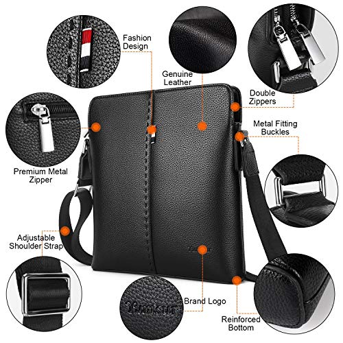 YumSur Mens Shoulder Bag, Genuine Leather Messenger Handbag Crossbody Bag for Men Purse iPad Bag for Business Office Work School with Adjustable Strap Black, Black, One Size