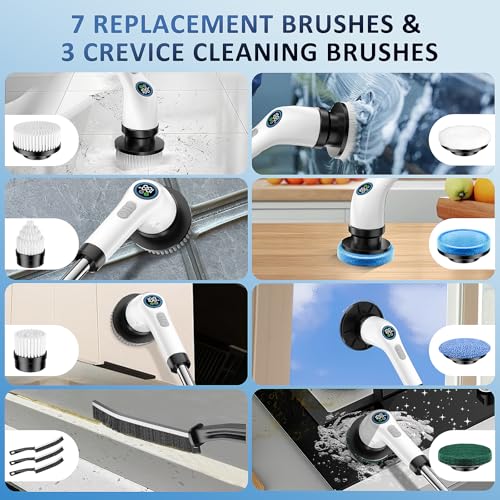 Electric Spin Scrubber, Full-Body IPX7 Waterproof Cordless Power Cleaning Brush with Adjustable Extension Handle, 2-Speed Shower Scrubber with 7 Replaceable Brush Heads for Bathroom, Kitchen Cleaning