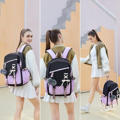 Teenage Girls Bookbag School Backpack Children Casual Daypack Schoolbag for Teens Black Purple