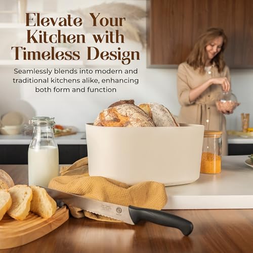 ABIOTO Modern Bread Box for Kitchen Counter Top with 2 Bread Bags (White) - Sturdy Modern Construction, Ribbed Design Keeps Bread Fresh Longer - Large Sourdough Bread Box with Cutting Board Lid