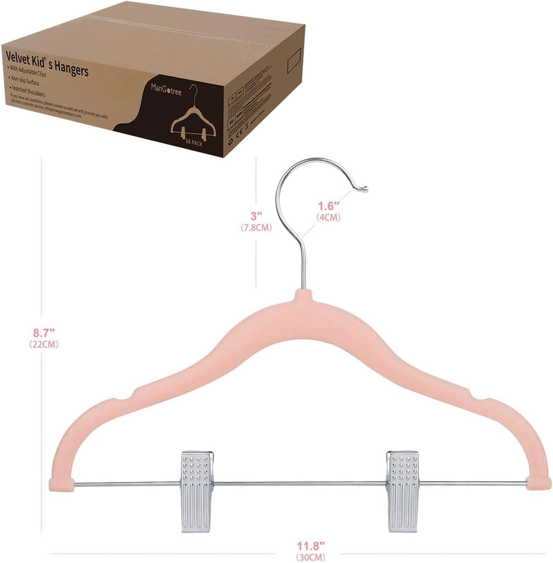 ManGotree 30 cm Baby Velvet Hangers with Movable Clips, Non-Slip Kids Felt Hangers, Ultra-Thin Space-Saving Children's Clothes Hangers for Skirts, Pants, Dresses, Shirts, Jackets (16 Pack, Pink)