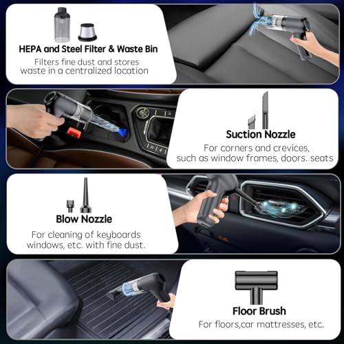 Kaihery Car Vacuum Cleaner, 8000PA Vacuum Vleaner with Strong Suction Power, 2 In 1 Vacuum & Air Duster, USB Charge, Portable Mini Cordless Handheld Vacuum Cleaner for Car, Home, Office, Pet