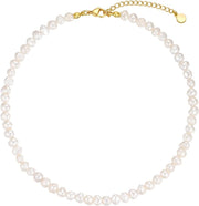 14K Gold Plated Dainty Choker Necklace for Women Girls Snake Chain, Cuban Link, Paperclip, Ball Beaded Chain, Natural Freshwater Pearl Necklace Fashion Jewelry for Gift - White