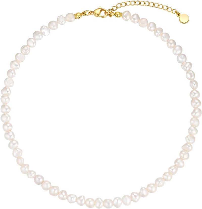 14K Gold Plated Dainty Choker Necklace for Women Girls Snake Chain, Cuban Link, Paperclip, Ball Beaded Chain, Natural Freshwater Pearl Necklace Fashion Jewelry for Gift - White