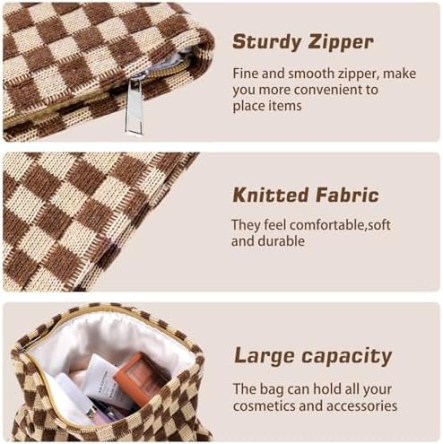 ZLFSRQ 3Pcs Checkered Makeup Bag for Women Large Cosmetic Bag Set Travel Toiletry Bag Makeup Pouch Bag for Purse Pink Zipper Storage Bag Organizer Cute Small Aesthetic Girls Car Essentials Bag