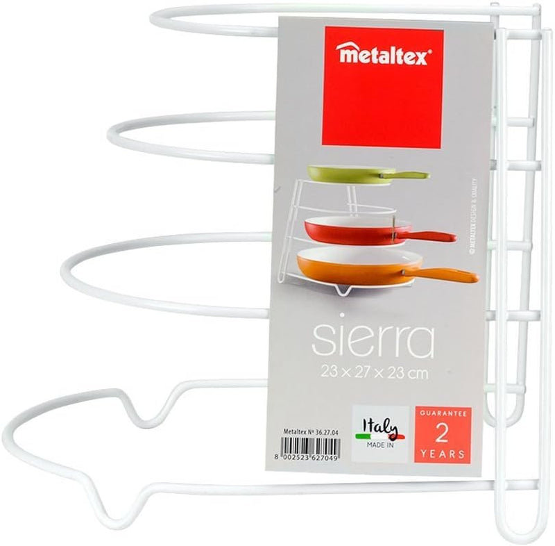 Metaltex Frypan Holder Sierra White 4-Seat Pan Organizer Countertop, Cabinet, or Drawer Storage Iron Wire Body with LDPE Coating