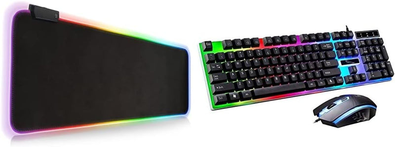 RGB Gaming Mouse Pad, Extra Large Soft Led Extended Mouse Pad & G21 Keyboard Wired Usb Gaming Mouse Flexible Polychromatic Led Lights Computer Mechanical Feel Backlit Keyboard Mouse Set,White (White) - + Keyboard Mouse Set,Black