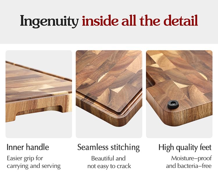 XINZUO End Grain Cutting Board, Acacia Wood, Easier grip for carrying and serving, Beautiful and not easy to crack, Moisture-proof and bacteria-free, Size 35 * 25 * 2.6cm (XHCB-XSM-02)