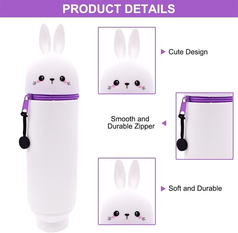 Kawaii 2-in-1 Bunny Pencil Case, Soft Silicone Stand-Up Pen Holder Pouch, Large Capacity with Zipper Closure for Teens, Desk Organizer