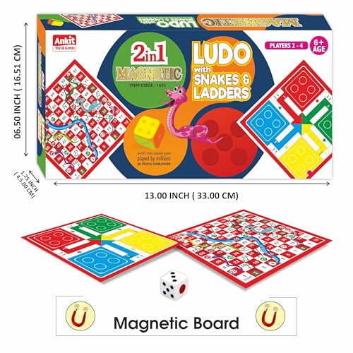 Ankit Toys & Games 2in1 Magnetic Ludo and Snakes & Ladders 12" Board Game Set - Portable, and for Kids and Family Entertainment - Ages 6+ Classic Fun with a Modern Twist (Magnetic Ludo Medium)