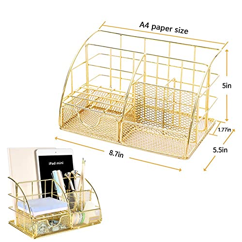 Benting Desk Organizer Office Accessories, Multi-Functional Mesh Desk Organizer with 5 Compartments and 1 Drawer for Home, Office, School, Workshop, kitchen (White)