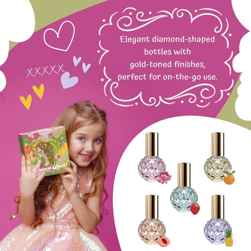 Body Mist Set for Girls Scents of Wishes - 5 Diamond-Shaped Glass Bottles Gold-Toned Finish 5 Exquisite Scents: Berries, Fruits, Citrus, Tropical Vibes,Floral; Fragrance Experience with Premium Design
