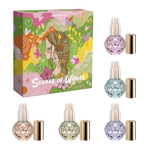 Body Mist Set for Girls Scents of Wishes - 5 Diamond-Shaped Glass Bottles Gold-Toned Finish 5 Exquisite Scents: Berries, Fruits, Citrus, Tropical Vibes,Floral; Fragrance Experience with Premium Design