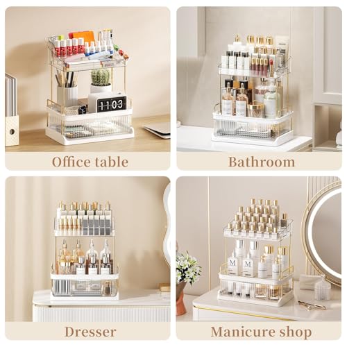 Makeup Organizer For Vanity, Drawer Skincare Organizer With Compartment, 2 Tier Large Bathroom Counter Organizer, Multi-purpose Makeup Organizer Countertop Exquisite, White Clear