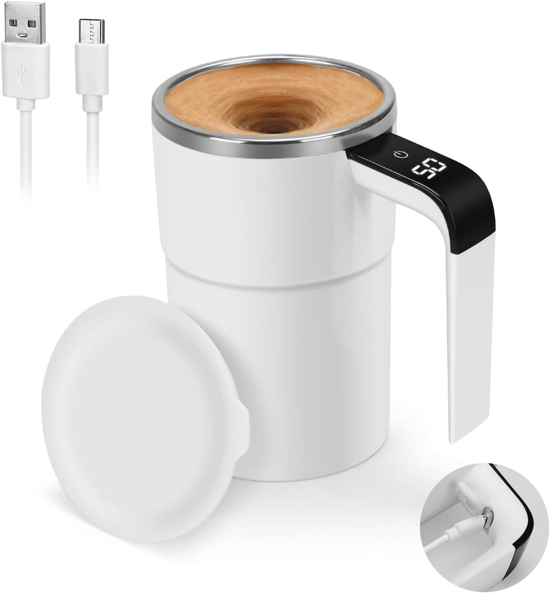 Electric Self Stirring Coffee Mug, with Lcd Temperature Display Rechargeable Auto Stirring Mug Magnetized Cup 14 Fl.Oz Electric Mixing Cup Automatic Stirrer (Black) - White