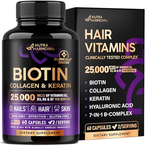 Biotin | Collagen | Keratin | Hyaluronic Acid - Hair Growth Support Supplement | Skin & Nails Beauty Complex 25000 mcg - B1 | B2 | B3 | B6 | B7 - Made in USA - For Women & Men | 60 Capsules