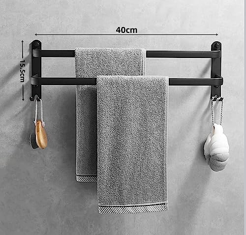 Fohome Towel Bar, Self-Adhesive Towel Rack with Hooks, 2 Rod Towel Holder for Bathroom, 16 Inch Wall Mounted Towel Hanger for Bathroom, Kitchen, Shower (Black)