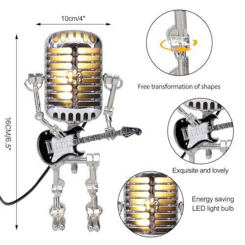 Xmpmrb Vintage Microphone Guitar Robot Lamp, Unique Design, White, Metal Plastic, LED, USB Powered, Tabletop, Bedroom, Energy Efficient