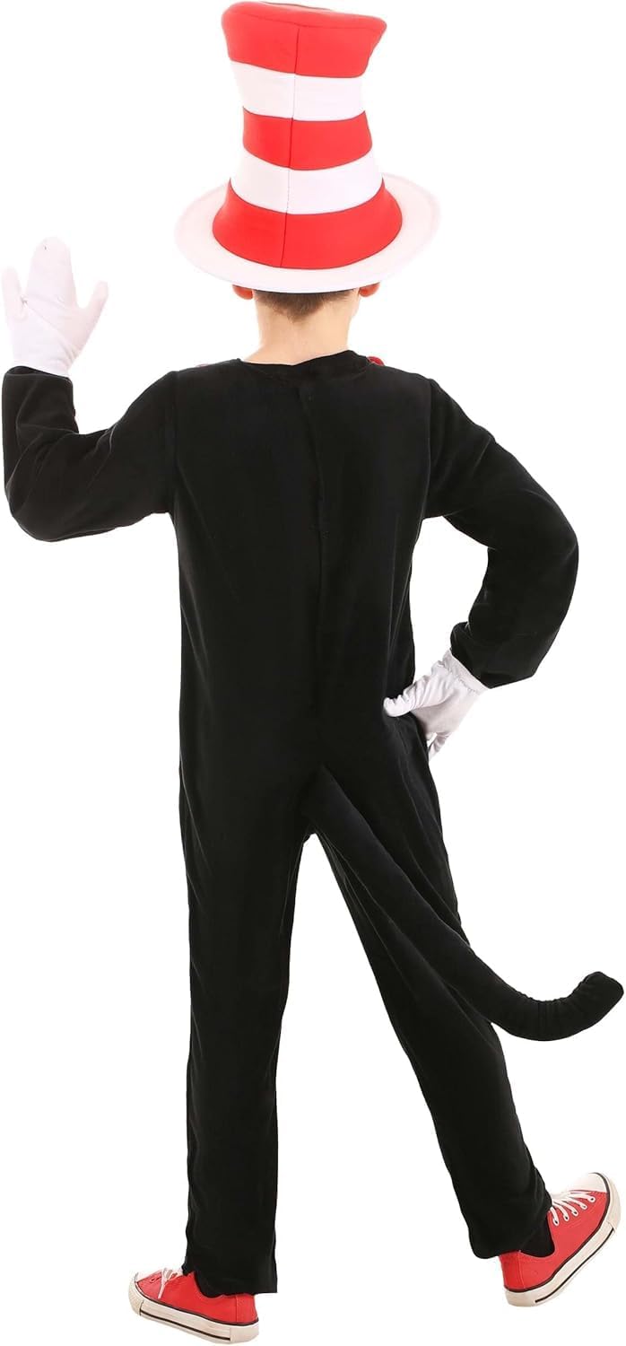 Kids Black and White Cat Costume Furry Jumpsuit with Red Hat, Bow Tie & Tail Unisex Halloween Outfit for Book Day & School Events