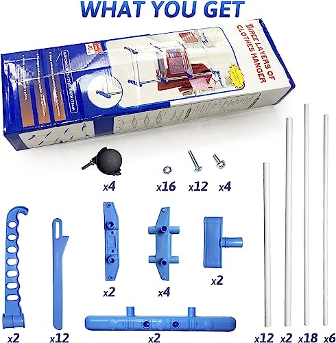 SKY-TOUCH 3 Layers Clothes Drying Rack Folding Clothes Rail Of Clothes Hanger, Adjustable Stainless Steel Hanger With Two Side Folding Wings For Indoor And Outdoor, Blue