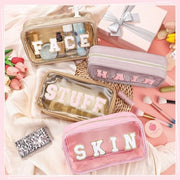 Pinkunn 4 Pcs Preppy Makeup Bags Christmas Chenille Letter Bag Face Skin Hair Stuff Cosmetic Bag Corduroy Makeup Pouch with Zipper Birthday Gifts for Women(Purple, Pink, White, Blue,Corduroy)