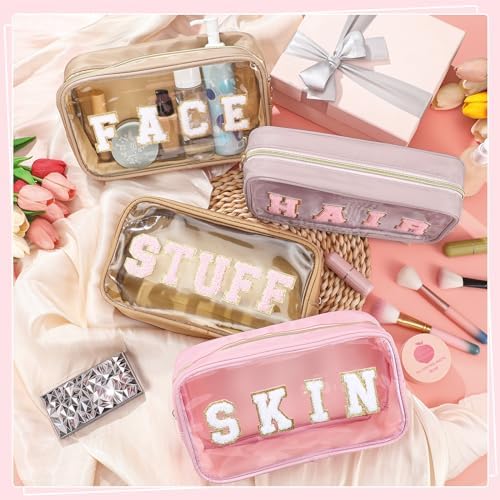 Pinkunn 4 Pcs Preppy Makeup Bags Christmas Chenille Letter Bag Face Skin Hair Stuff Cosmetic Bag Corduroy Makeup Pouch with Zipper Birthday Gifts for Women(Purple, Pink, White, Blue,Corduroy)