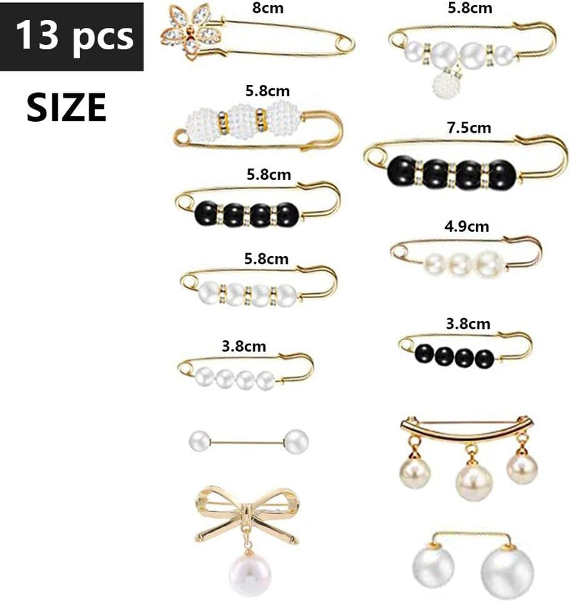 Goodern 13 Pcs Pearl Brooch Pins,Fashion Sweater Shawl Clips Muslim Scarf Hijab Pins,Faux Pearl Collar Waist Pants Safety Pin for Women Girls,Neckline Pins Clothing Dresses Decoration Accessories