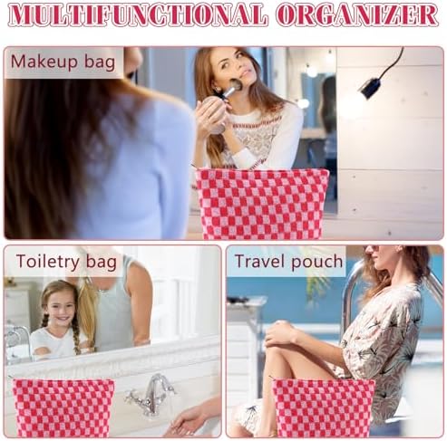ZLFSRQ 3Pcs Checkered Makeup Bag for Women Large Cosmetic Bag Set Travel Toiletry Bag Makeup Pouch Bag for Purse Pink Zipper Storage Bag Organizer Cute Small Aesthetic Girls Car Essentials Bag