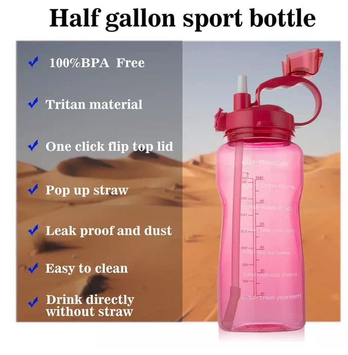MahMir Large 2 Liters 64Oz BPA Free Multicolor Water Bottle - Leak Proof With Straw, Motivational Quote And Time Marker, Anti Slip For Sports,Fitness, Gym,Outdoor, Picnic, Office (Blue)