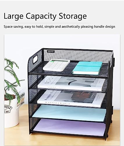 WAN Letter Tray Paper Organizer 5-Tier Desktop File Organizer,Desktop Organizer with Handle Black Metal Desktop Document Shelf for Office,Home or School