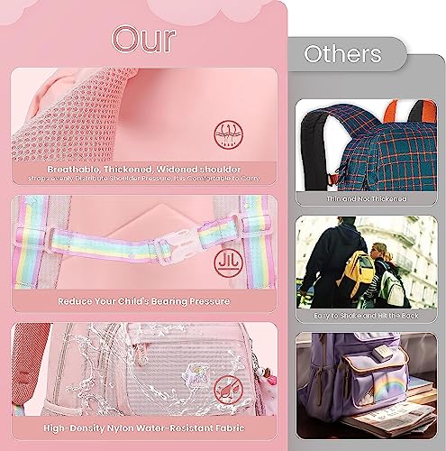 Azonee Backpack for Girls, Wide Open Elementary Primary Middle School Bags with Many Compartments, Safety Reflective Strip, Waterproof, Large Capacity, for Kids, Teens, Pink