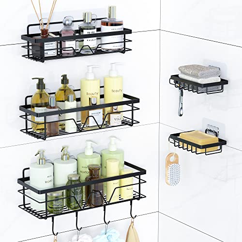 Vtopmart 5 Pack Shower Caddy Shelves Organizer with 4 Hooks, Stainless Steel Bathroom Self Adhesive Rack Storage Shelf for Inside Shower, Wall Organization, Black