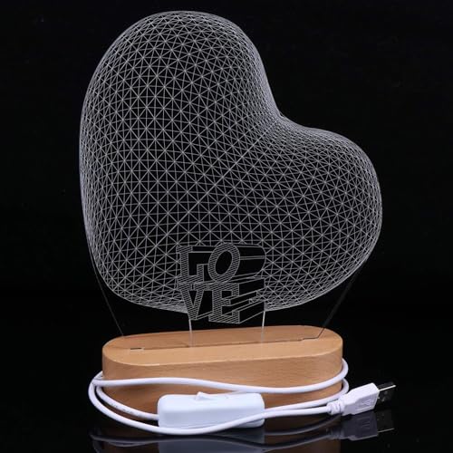 AMERTEER 3D Night Light - Romantic Heart Shape Illusion Lamp, USB Powered Acrylic LED Visual Love Gift with Wooden Base, Perfect for Valentine's Day, Wedding Anniversary & Bedroom Décor