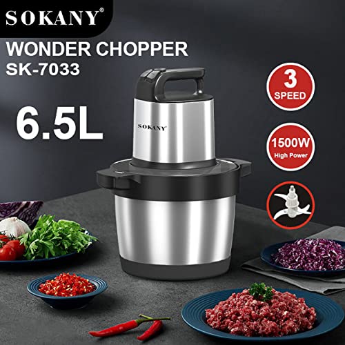 SOKANY 1500W Meat Grinder Electric, Food Grinder 6.5L Stainless Steel Meat Blender Food Chopper for Meat, Vegetables, Fruits and Nuts with 4 Sharp Blades.. (SK-7033, 1500W, 6,5L)