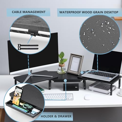 ETHU Dual Monitor Stand ,Double Monitor Riser for PC,Computer, Laptop and Printer,3 Adjustable Shelf Length and Angle Desktop Stand Organizer with Phone Holder and Drawer,Office Accessories Black