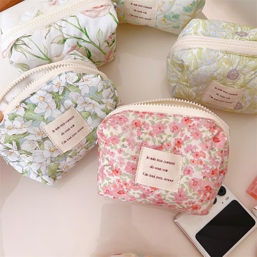 Azonee 2 Pcs Floral Makeup Bag Large Travel, Cotton Quilted Cosmetic Makeup Bag Organizer, Cute Coquette Aesthetic Zipper Portable Pouch Purse Toiletry Bag for Skincare Cosmetics (Pink Floral flowers)