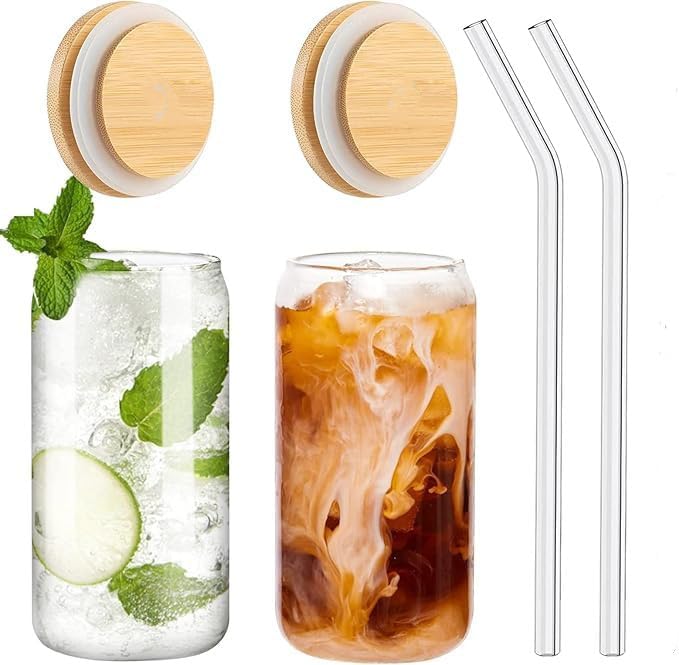2PCS Drinking Glasses with Bamboo Lids and Glass Straw, Beer Can Shaped Glass Cups, Tumbler Cup Ideal For Beer, Tea, Soda, Iced Coffee Include 500ml