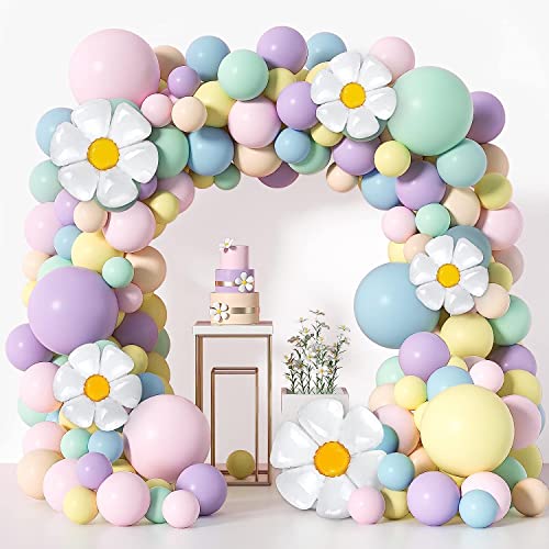 AM ANNA Daisy Balloon Garland Arch Kit, 161 Pcs White Groovy Daisy Flower Macaron Rainbow Balloon Arch Kit for Baby Shower Daisy Theme Wedding Girls Birthday Decorations