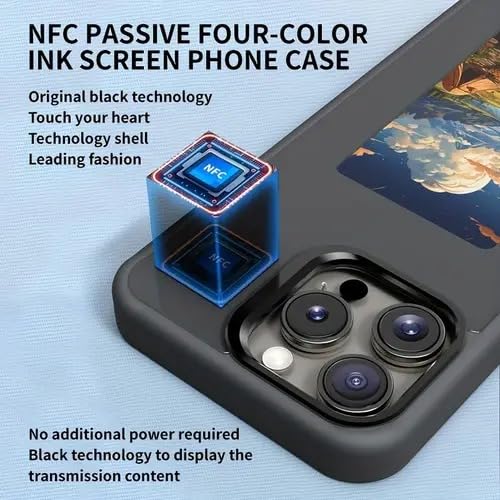 Smart Ink NFC Mobile Cover for iPhone 15 Pro Max - DIY Photo Display, E-Ink Screen, NFC Transmission, Anti-Slip, Anti-Shock, Digital Case (Black)