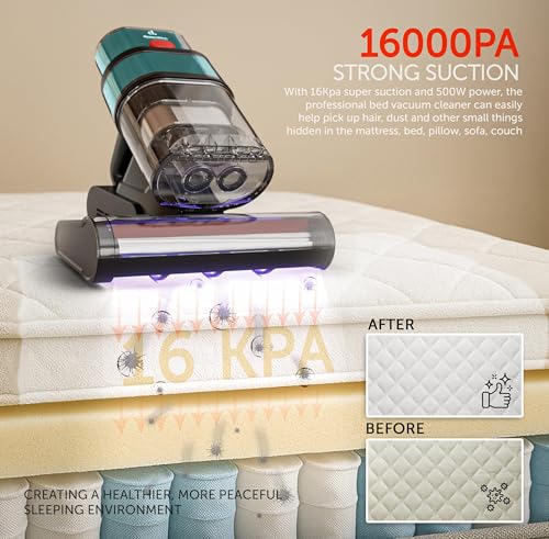 DOMESTICA Dustro Pro Handheld Mites Vacuum Cleaner for Bed | Dust Vacuum Cleaner for Sofa 16KPA Suction | Vacuums for Mattresses Home with Digital Display, UV-C, 45000Rpm & 60°C (Green)