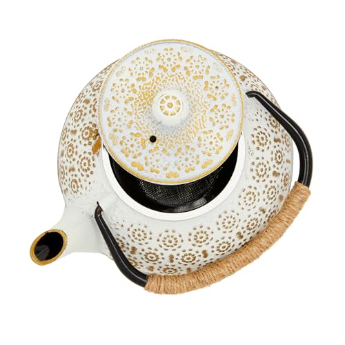 Juvale White Cast Iron Japanese Teapot with Handle, Infuser, and Trivet (800 ml, 27 oz)